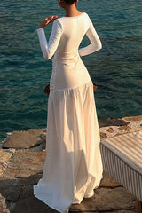 Irregular Neckline Long Sleeve Cutout Cinch Waist Plain Maxi Dresses - White