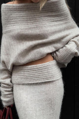 Off Shoulder Long Sleeve Sweater Textured Knit Maxi Skirt Matching Set - Beige