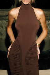 High Neck Halter Ruched Bodycon Solid Color Midi Dresses - Brown