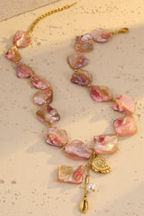 Pink Shell Beaded Alloy Conch Faux Pearl Pendants Vacation Necklace