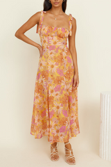 Floral Print Boat Neckline Tie Up Wide Strap A - Line Midi Dresses - Orange