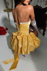 Frill Trim Corset Strapless Bubble Hem Satin Mini Dresses - Yellow