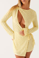Round Neck Long Sleeve Cutout Tie Up Textured Mini Dresses - Yellow