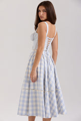 Plaid Print Buttons Decor Back Lace Up Slip Midi Dresses - Blue
