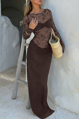 Floral Lace Patchwork Long Sleeve Ruched Slim Fit Maxi Dresses - Brown