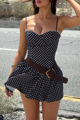 Polka Dot Print Cinch Waist Strappy Mini Dresses - Black