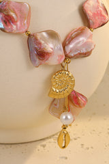 Pink Shell Beaded Alloy Conch Faux Pearl Pendants Vacation Necklace