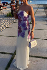 Floral Print Boat Neck Strapless Maxi Dresses - Beige