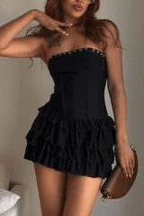 Strapless Corset Tiered Ruffled Hem Mini Dresses - Black