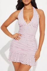 Deep V Neck Polka Dot Print Fitted Ruffled Hemline Halter Mini Dresses - Pink