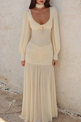 Plunge Neck Lantern Sleeve Ruched Solid Color Maxi Dresses - Beige Pre Order