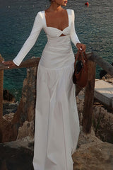 Irregular Neckline Long Sleeve Cutout Cinch Waist Plain Maxi Dresses - White