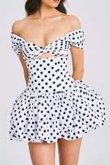 Polka Dot Print Dropped Shoulder Bubbled Hem Mini Dresses - White