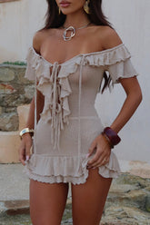 Knit Off Shoulder Short Sleeve Ruffled Slim Fit Mini Dresses - Beige