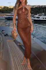 Sequin Starfish See Through Knit Halter Midi Dresses - Brown Pre Order