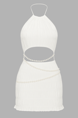 Pearls Chain Crop Top Mini Skirt Ruched Halter 2pcs Set - White