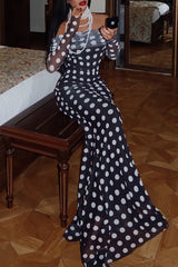 Polka Dot Print Off Shoulder Long Sleeve Bodycon Maxi Dresses - Black