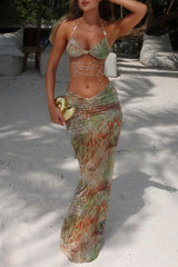 Beady Chains Halter Bra Plants Print Maxi Skirt 2pcs Set - Green