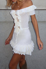 Tie Up Ruffled Off Shoulder Slim Fit Knit Mini Dresses - Yellow Pre Order