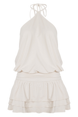 Halter Neck Cinch Waist Layered Ruffled Hem Solid Color Mini Dresses - Beige