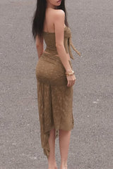 Strapless Tie Up Crop Top Lace Slit Irregular Midi Skirt 2pcs Set - Coffee