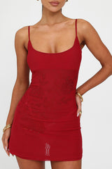 Rhinestone Round Neck Spaghetti Strap Cutout Mini Dresses - Red