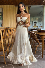 Halter Cutout Crochet Fringed Trim Backless Maxi Dresses - Beige