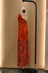 V Neck Floral Print High Slit Vacation Cami Maxi Dresses - Orange