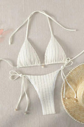 Wavy Textured Solid Color Halter Tie Up Bikini 2pcs Set - Green