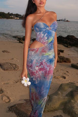 Floral Print Strapless Cutout Bodycon Maxi Dresses Blue