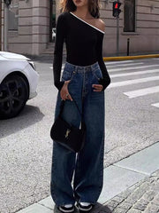 Contrast Trim One Shoulder Long Sleeve Top