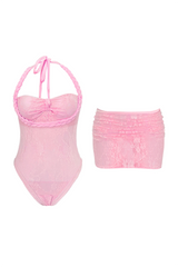 Braided Halter Jacquard Lace See Through Bodysuit Ruched Mini Skirt Set - Pink