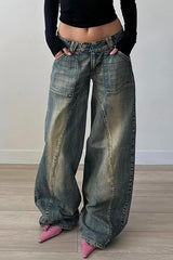 Distressed Denim Wide Leg Casual Low - Rise Jeans - Blue