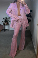 Sequin Notch Lapel Blazer Cami Bra Straight Leg Pants Matching Set - Silver