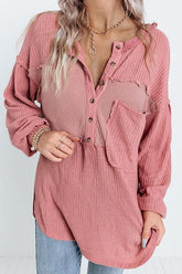 Half Button Up Raw Hem Long Sleeve Top