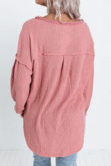 Half Button Up Raw Hem Long Sleeve Top