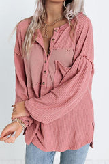 Half Button Up Raw Hem Long Sleeve Top