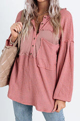 Half Button Up Raw Hem Long Sleeve Top