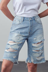 Zerrissene Bermuda-Jeansshorts mit hohem Bund