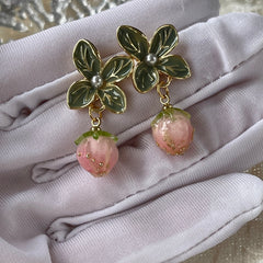 Y2K Cute Pink Strawberry Green Leaf Earrings