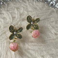 Y2K Cute Pink Strawberry Green Leaf Earrings