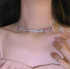 Funkelnde süße Mädchen rosa Herz Charm Anhänger Halskette