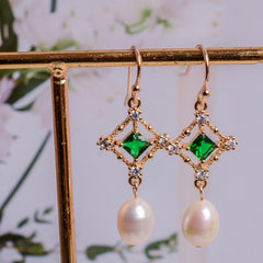 Vintage Style Emerald Natural Pearl Dangle Earrings