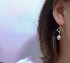 Vintage Style Emerald Natural Pearl Dangle Earrings