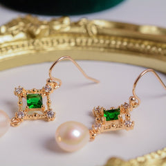 Vintage Style Emerald Natural Pearl Dangle Earrings