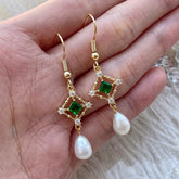 Vintage Style Emerald Natural Pearl Dangle Earrings