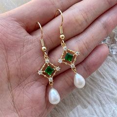 Vintage Style Emerald Natural Pearl Dangle Earrings