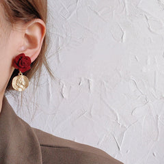 Romantic red velvet rose flower earrings