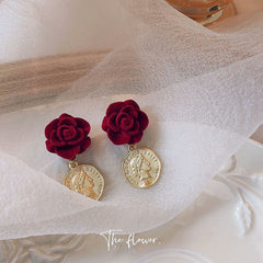 Romantic red velvet rose flower earrings