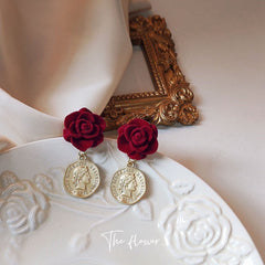 Romantic red velvet rose flower earrings